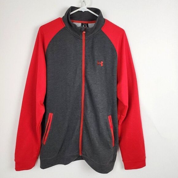 Under Armour Red & Gray Color Block Sweatshirt Track Jacket Zipper Front Mens L - Picture 1 of 5